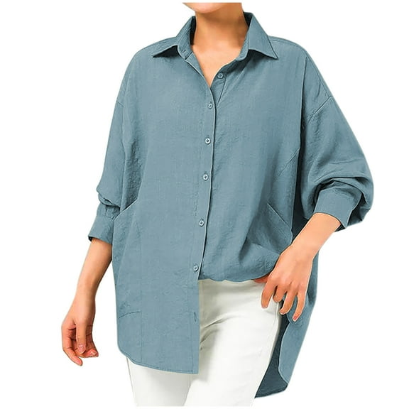 YUGYXL Blouses for Women Dressy Casual Cotton Linen Tops Oversized Long Sleeve Button Down High Low Shirts with Pockets Blue M