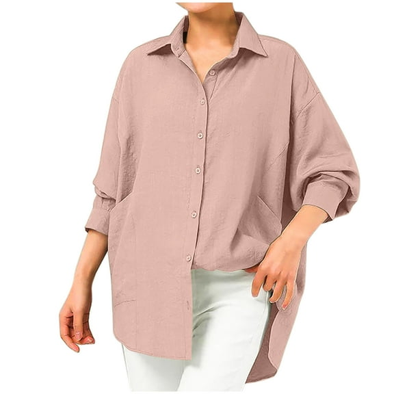 YUGYXL Blouses for Women Dressy Casual Cotton Linen Tops Oversized Long Sleeve Button Down High Low Shirts with Pockets Pink XL