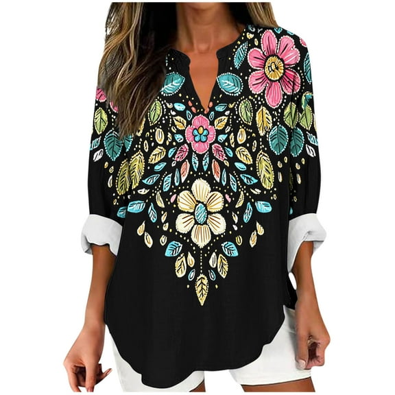 YUGYXL Boho Floral Linen Shirt for Women V Neck Long Sleeve Blouse Vintage Printed Casual Loose Fit Fall Tunic Tops Black XXXL