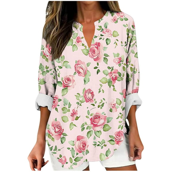 YUGYXL Boho Floral Linen Shirt for Women V Neck Long Sleeve Blouse Vintage Printed Casual Loose Fit Fall Tunic Tops Pink XXXL