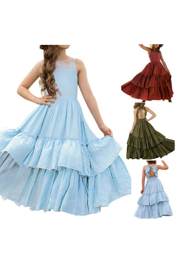 Boho Flower Girl Dress Toddler Kids Spaghetti Strap Pageant Formal Dresses for Wedding Backless Layered Pleated Dress Today Size 3-4 Years