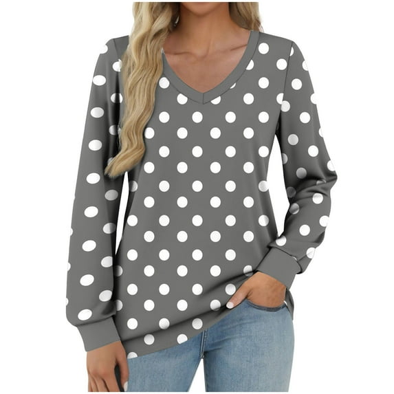 YUGYXL Boho Tops for Women Fashion Polka Dots V Neck Pullover Fall Casual T Shirt Long Sleeve Comfort Printed Blouses Gray XXL