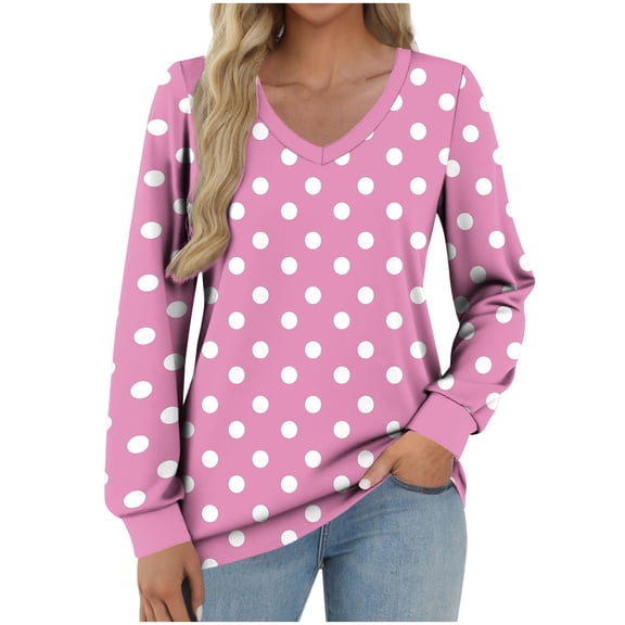 YUGYXL Boho Tops for Women Fashion Polka Dots V Neck Pullover Fall Casual T Shirt Long Sleeve Comfort Printed Blouses Pink L