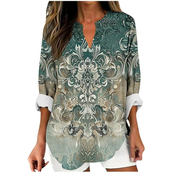 YUGYXL Boho Tops for Women Plus Size Fashion Printed Long Sleeve V Neck T Shirts Casual Loose Comfy Blouses Pullover Army Green XXXXL