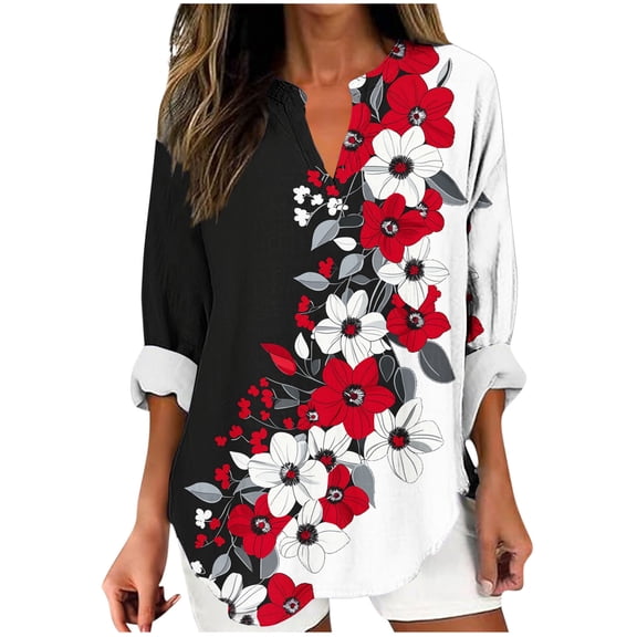YUGYXL Boho Tops for Women Plus Size Fashion Printed Long Sleeve V Neck T Shirts Casual Loose Comfy Blouses Pullover Red XXXXL