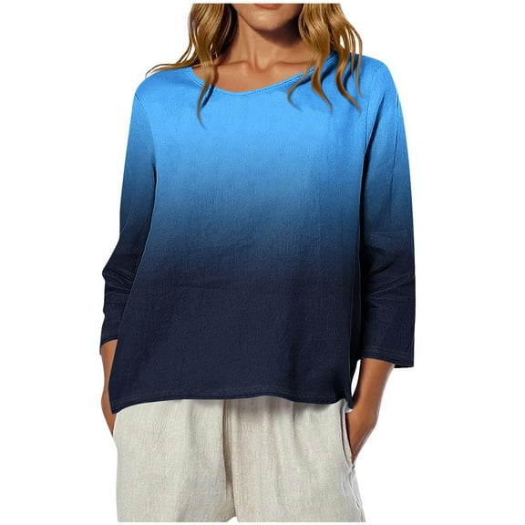 YUGYXL Boho Tops for Women Striped Crew Neck Women's T Shirt Fall 3/4 Sleeve Printed Shirts Fashion Casual Loose Blouse Dark Blue XL