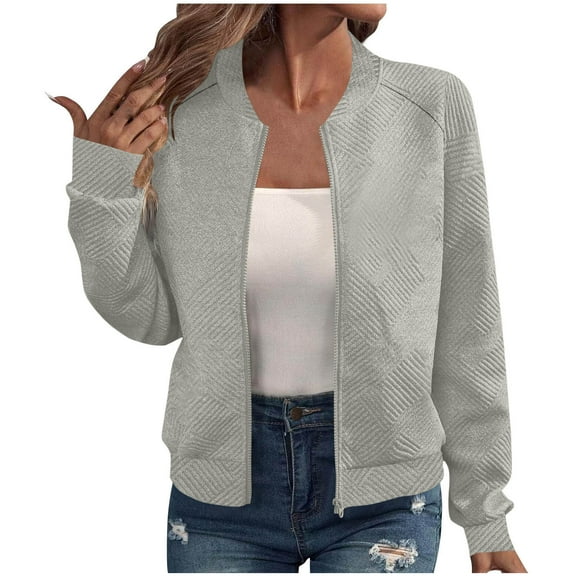 YUGYXL Bomber Jacket for Women Long Sleeve Zip Up Lightweight Jacket Casual Fashion Textured Fall Jackets Gray XL