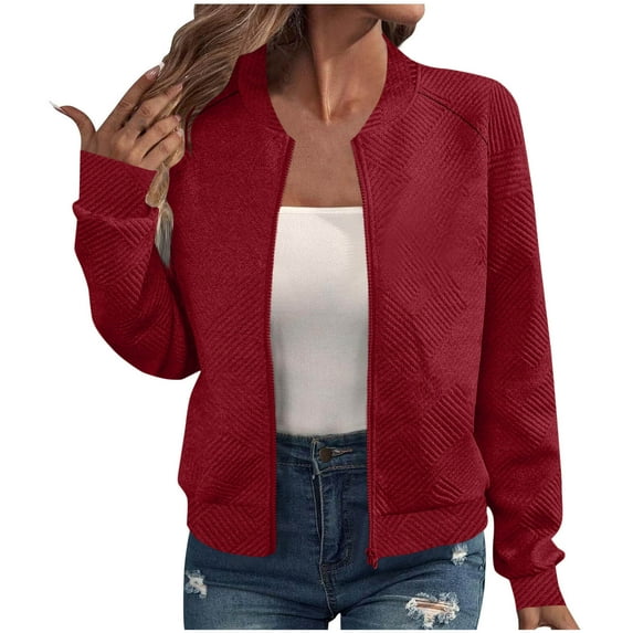 YUGYXL Bomber Jacket for Women Long Sleeve Zip Up Lightweight Jacket Casual Fashion Textured Fall Jackets Red S