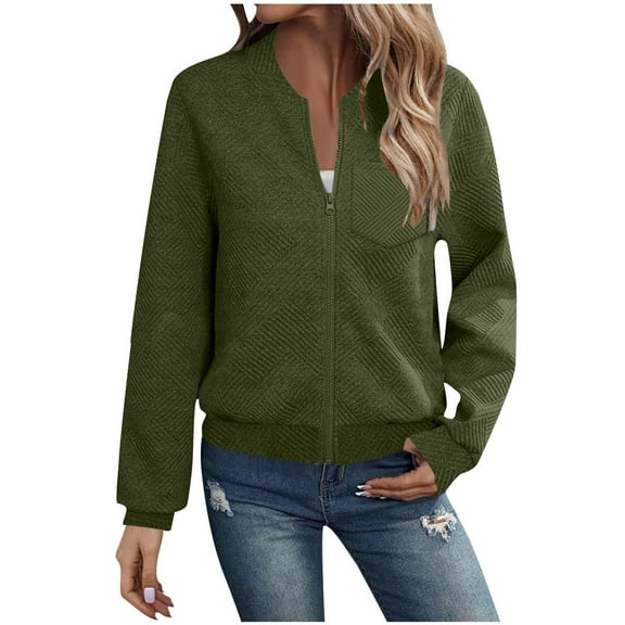 YUGYXL Bomber Jacket for Women Textured Lightweight Zip Up Jackets Casual Stand Collar Zipper Coat Fall Fashion Outerwear Top Army Green S