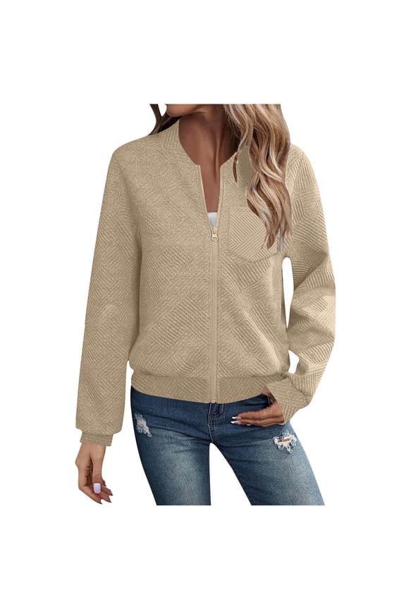 Bomber Jacket for Women Textured Lightweight Zip Up Jackets Casual Stand Collar Zipper Coat Fall Fashion Outerwear Top Khaki S