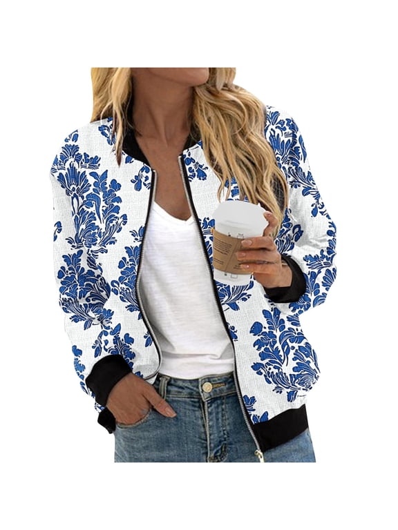 Bomber Jackets for Women Zip Up Casual Long Sleeve Varsity Jacket Lightweight Spring Fall Clothes with Pockets Blue Jackets S