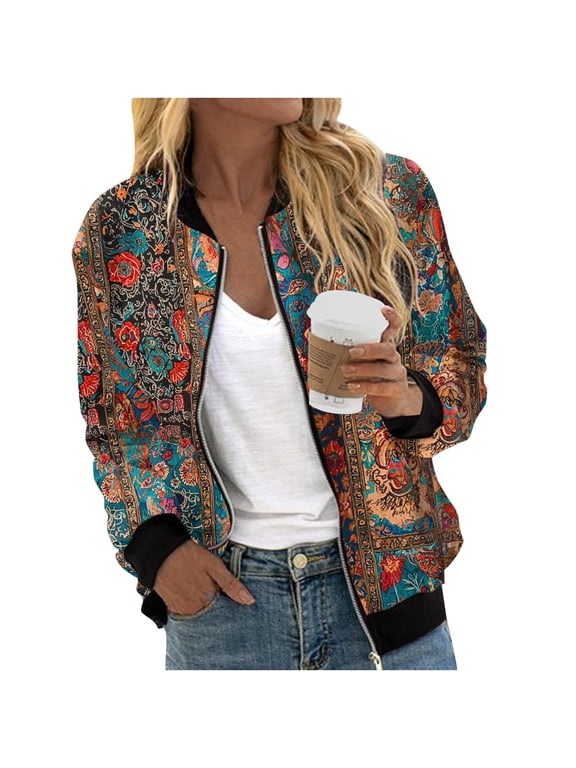 Bomber Jackets for Women Zip Up Casual Long Sleeve Varsity Jacket Lightweight Spring Fall Clothes with Pockets Brown Jackets M
