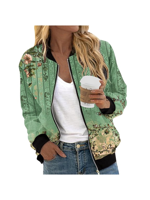 Bomber Jackets for Women Zip Up Casual Long Sleeve Varsity Jacket Lightweight Spring Fall Clothes with Pockets Green Jackets XL