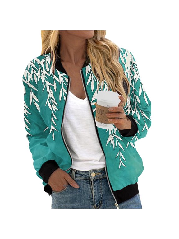 Bomber Jackets for Women Zip Up Casual Long Sleeve Varsity Jacket Lightweight Spring Fall Clothes with Pockets Sky Blue Jackets L