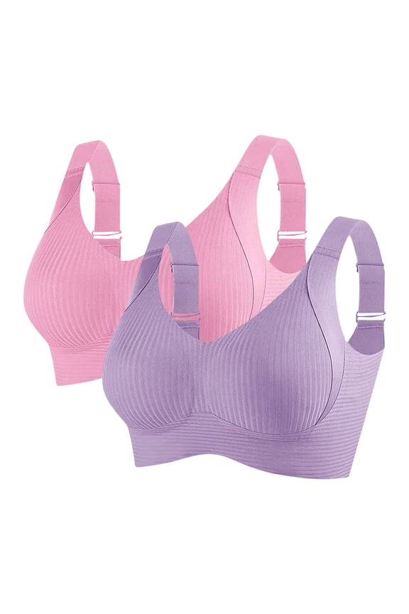 Bras for Women 2 PC No Underwire Full Coverage Sports Bras Seamless Comfortable Bralettes Push up Wireless Underwear Purple L