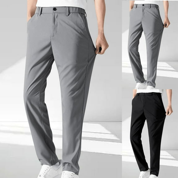 YUGYXL Business Straight Pants for Men Comfy Ice Silk Summer Trousers with Pockets Button Zipper Office Pants Gray L