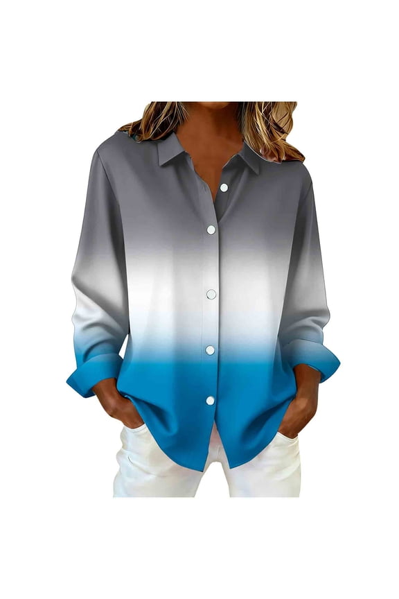 Button Down Shirt for Women Casual Long Sleeve Collared Top Gradient Color Block Blouse for Work Office Blue XXXL