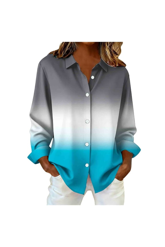 Button Down Shirt for Women Casual Long Sleeve Collared Top Gradient Color Block Blouse for Work Office Light Blue L
