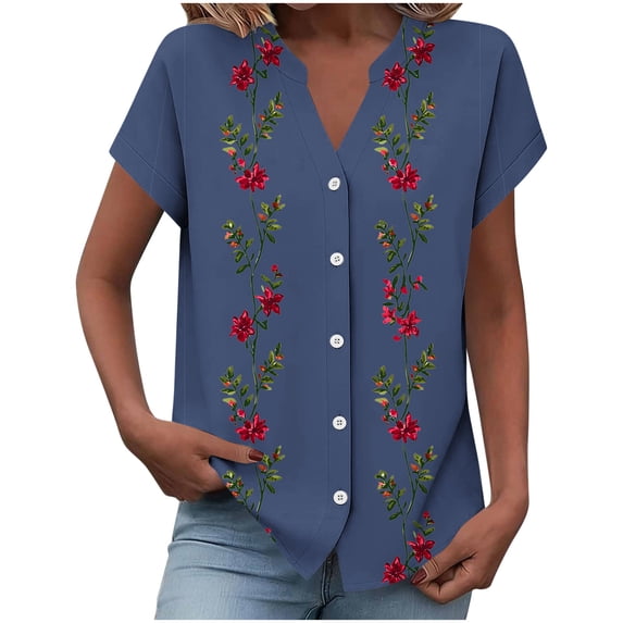 YUGYXL Button Down Shirts for Women Cap Sleeve Floral Printed Tops V Neck Henley Blouse Business Casual Outfits for Daily Blue Tops S