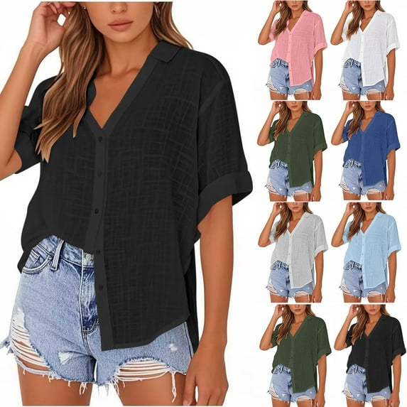 YUGYXL Button Down Shirts for Women Cotton Linen Short Sleeve Tshirts Business Lapel V Neck Tops Outdoor Basics Shirts Black L