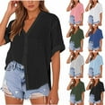 thumbnail image 1 of YUGYXL Button Down Shirts for Women Cotton Linen Short Sleeve Tshirts Business Lapel V Neck Tops Outdoor Basics Shirts Blue XXL, 1 of 7
