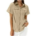 thumbnail image 1 of YUGYXL Button Down Shirts for Women Short Sleeve Cotton Blouses Spring Summer Tops Casual Business Clothing Khaki L, 1 of 6