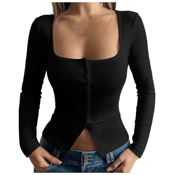 YUGYXL Button Front Long Sleeve Split Fitted Crop Top for Women Square Neck Slim Fit Elegant Blouse Going Out T Shirts Black Sweatshirt S
