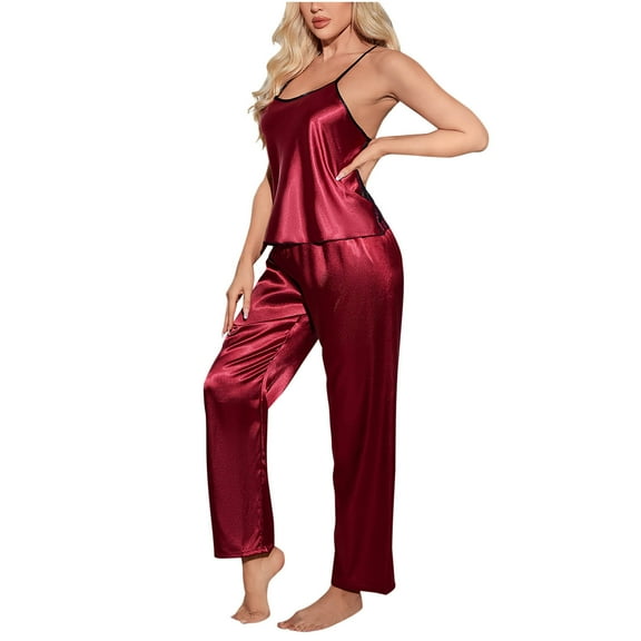 YUGYXL Camisole Pajamas Sets for Women Sleeveless Silk-Like Shorts Home Suit Mesh Backless Lightweight Sleepwear Set Red M