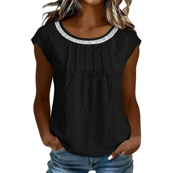 YUGYXL Cap Sleeve Tops for Women Lace Patchwork Boho Ruched Summer Western Linen Tops Casual Loose Crew Neck T Shirts Black Tops L