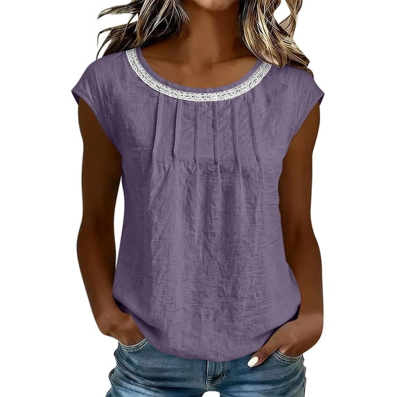 YUGYXL Cap Sleeve Tops for Women Lace Patchwork Boho Ruched Summer Western Linen Tops Casual Loose Crew Neck T Shirts Purple Tops XXL