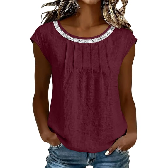 YUGYXL Cap Sleeve Tops for Women Lace Patchwork Boho Ruched Summer Western Linen Tops Casual Loose Crew Neck T Shirts Wine Tops XXL