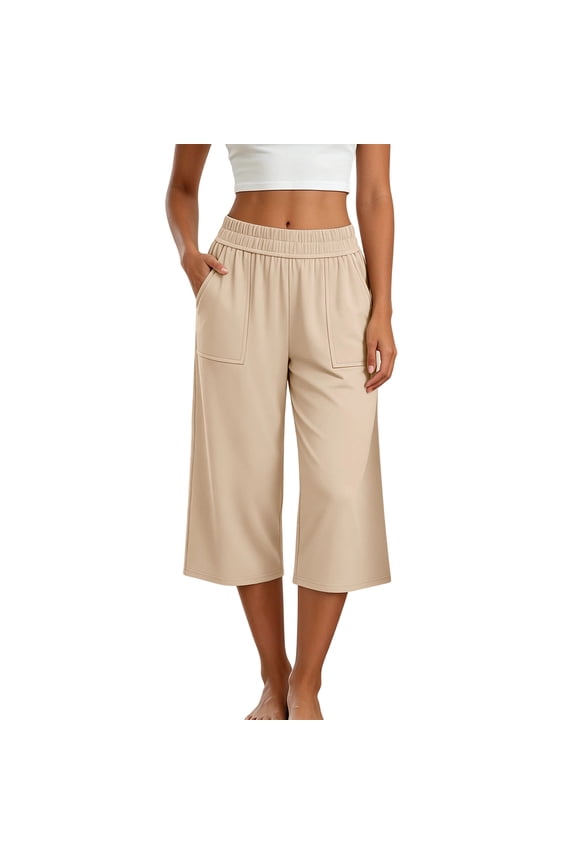 Capris Pants for Women Elastic High Waisted Wide Leg Cotton Linen Summer Capri Pant Casual Loose Beach Gauze Clothing Beige Pants L