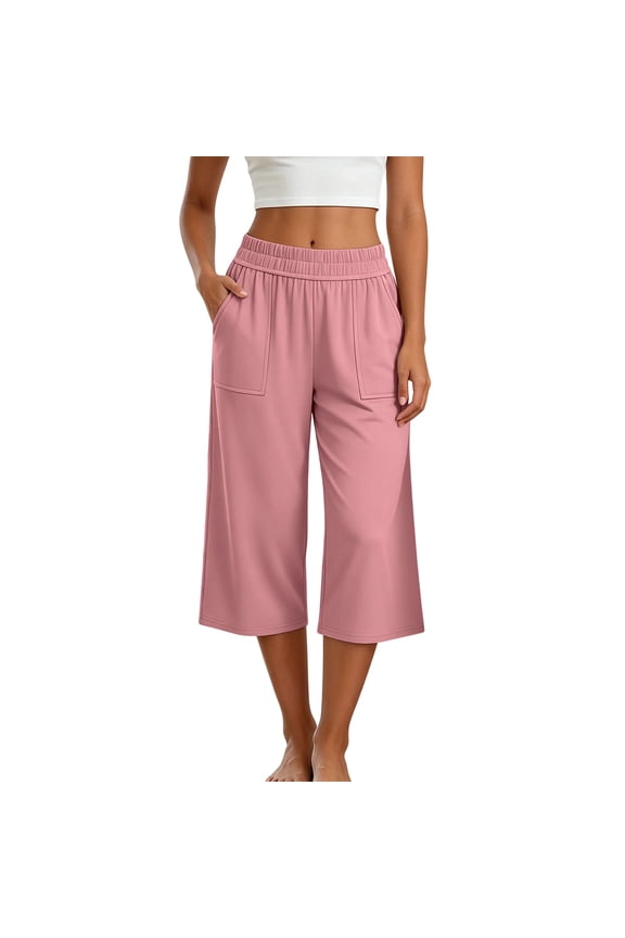 Capris Pants for Women Elastic High Waisted Wide Leg Cotton Linen Summer Capri Pant Casual Loose Beach Gauze Clothing Pink Pants S