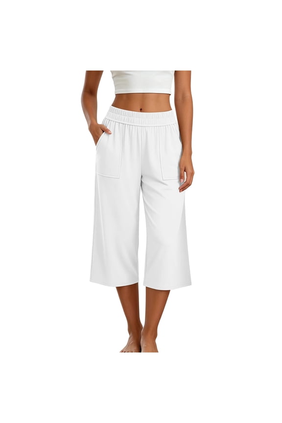 Capris Pants for Women Elastic High Waisted Wide Leg Cotton Linen Summer Capri Pant Casual Loose Beach Gauze Clothing White Pants XL