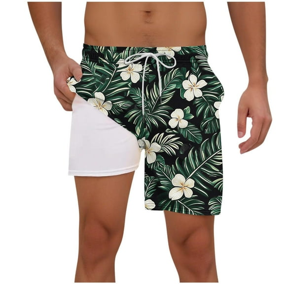 YUGYXL Casual Beach Shorts for Men Drawstring Double Layer Summer Shorts with Pockets Elastic Waist Lightweight Holiday Shorts Army Green M