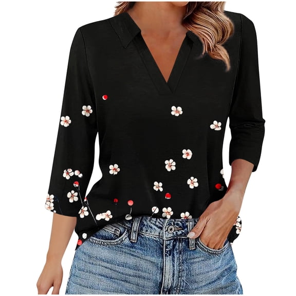 YUGYXL Casual Collared Shirts for Women 3/4 Length Sleeve Blouses Business Tops V Neck Tunics Print Tshirts C Black M