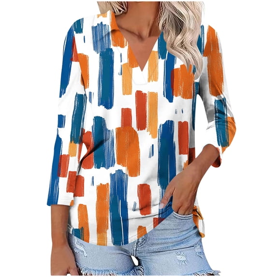 YUGYXL Casual Collared Shirts for Women 3/4 Length Sleeve Blouses Business Tops V Neck Tunics Print Tshirts Orange XL
