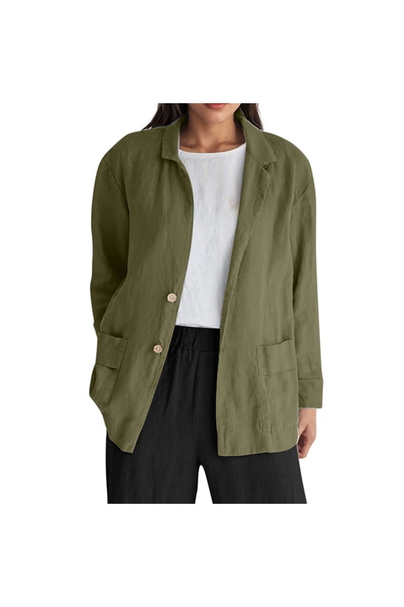 Casual Cotton Linen Blazer for Women Lightweight Long Sleeve Button Down Shirt Jacket Fall Jacket for Women Army Green M