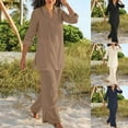 thumbnail image 1 of YUGYXL Casual Cotton Linen Outfits for Women Set 2 Piece Comfy Plus Size Outfits Casual Lapel V-Neck Loungewear and Straight Leg Pants Side Split Set Today's, 1 of 7