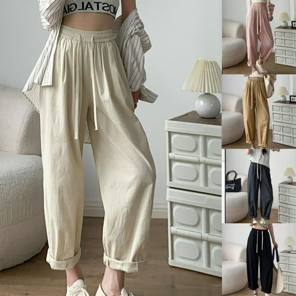 YUGYXL Casual Cotton Linen Pants for Women 2025 Trendy Drawstring Loose Trousers Summer Stretch Waist Lightweight Long Pants Khaki S