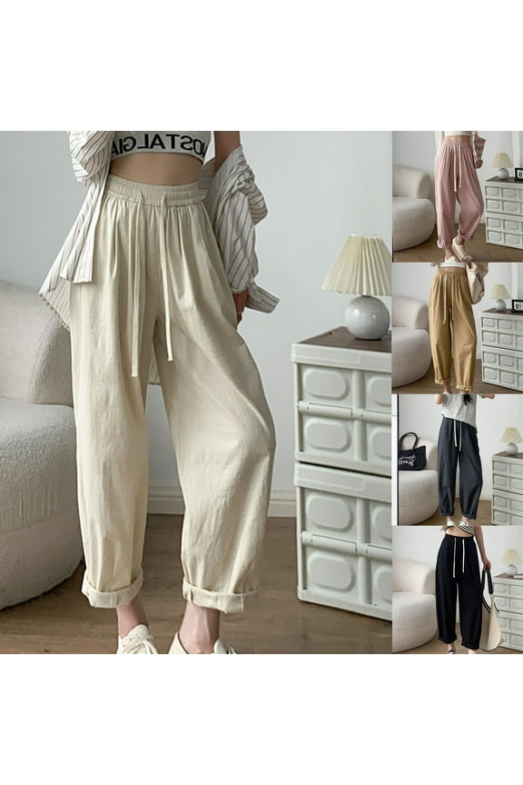 Casual Cotton Linen Pants for Women 2025 Trendy Drawstring Loose Trousers Summer Stretch Waist Lightweight Long Pants Khaki S