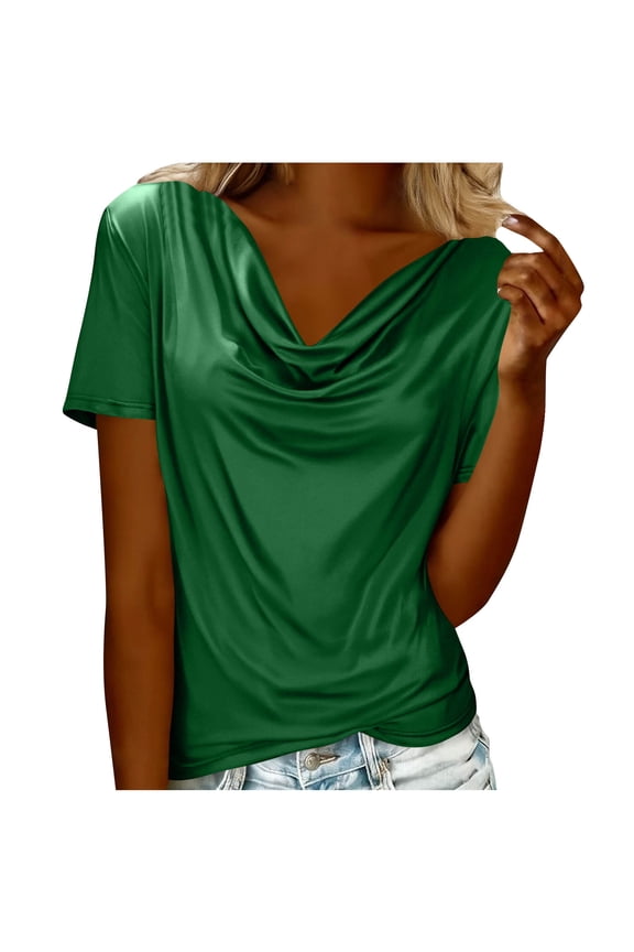 Casual Cowl Neck Short Sleeve T Shirts for Women Solid Color Loose Fit Fashion Tee Work Office Business Clothes Green M