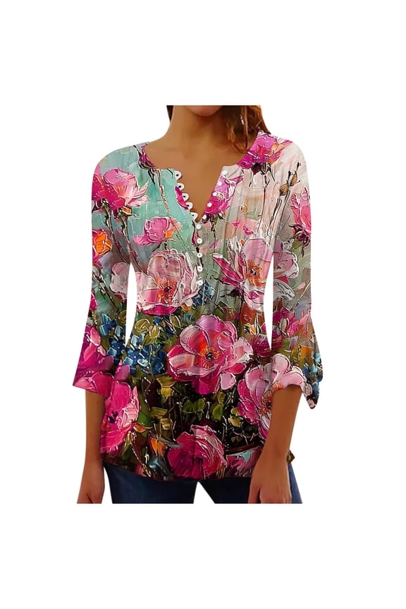 Casual Flared 3/4 Sleeve Tunics for Women Pleated Button V-Neck Henley Shirts Plus Size Flowy Oil Paint Print Blouse Trendy Ruffle Slim Fit Shirt