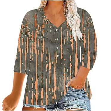 YUGYXL Casual Henley Shirts for Women Oversized Loose Plus Size Tops 3/4 Sleeve Tshirts Graphic Tees Button V Neck Baggy Tops Clearance B Multicolor XXXL