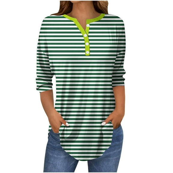 YUGYXL Casual Henley Shirts for Women Three Quarter Sleeve Tshirts Trendy Striped Blouses Tops Ladies Tunics Tees Green M
