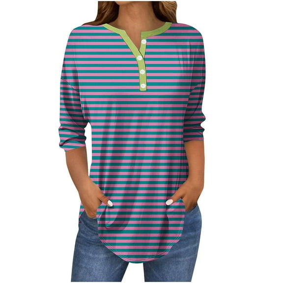 YUGYXL Casual Henley Shirts for Women Three Quarter Sleeve Tshirts Trendy Striped Blouses Tops Ladies Tunics Tees Hot Pink XXL