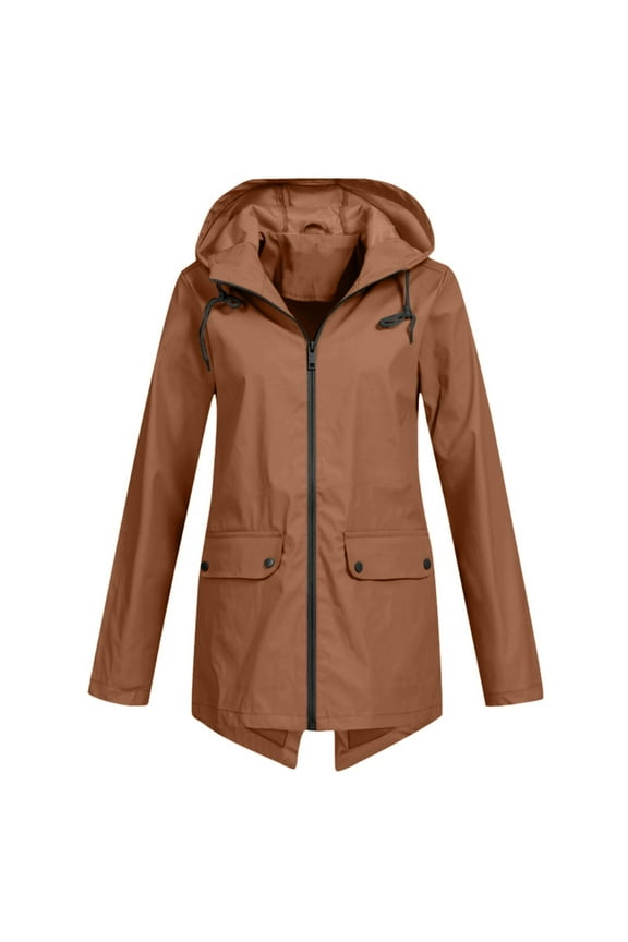 Casual Hoodie Raincoat for Women Lightweight Slim Fit Drawstring Outerwear Outdoor Travel Waterproof Windbreaker Plus Size Windproof Jacket Gift for Wife Khaki,XXL