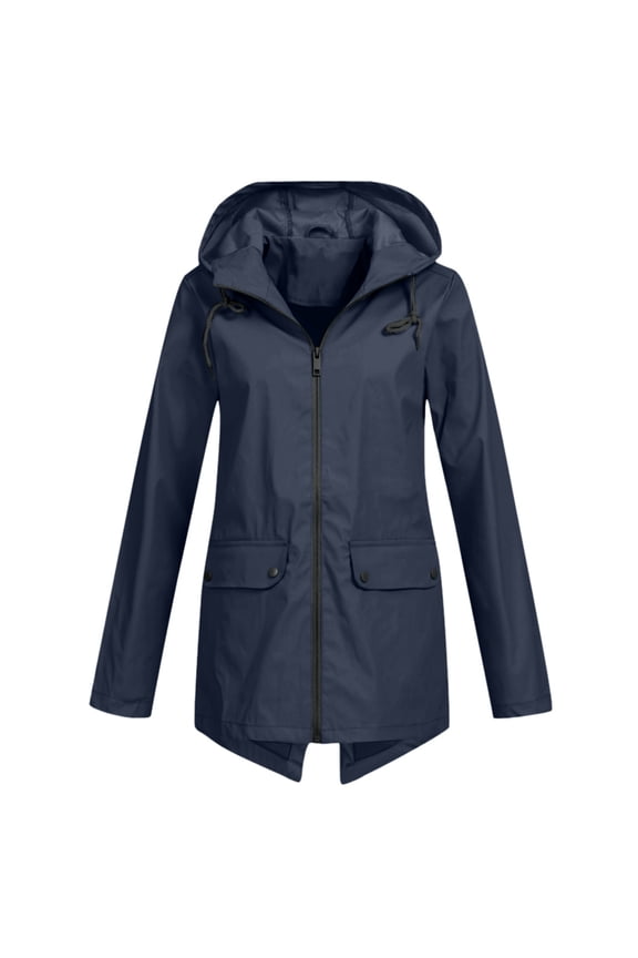 Women's Long Raincoat with Hood Outdoor Lightweight Windbreaker Rain Jacket Waterproof Navy M