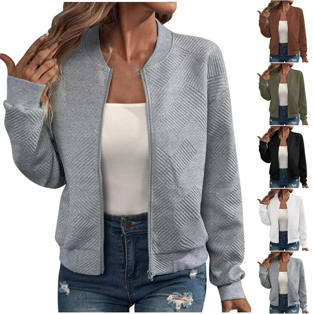 YUGYXL Casual Jacket for Women Trendy Solid Color Full-Zip Bomber ...