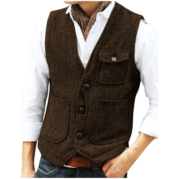 YUGYXL Casual Men's Vests Herringbone Tweed Vest V-Neck Waistcoat For Men Retro Men's Wedding Vests Travel Workwear Vest Coffee XS